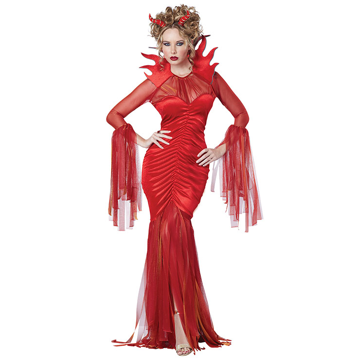 Noble Red Devilish Diva Sheer Mesh Ruched Maxi Dress Halloween Masquerade Costume N19554
