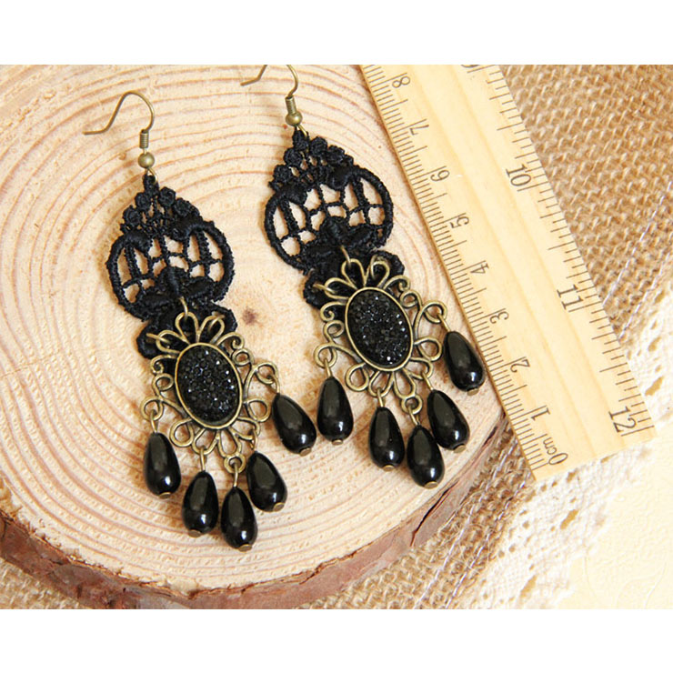 Victorian Gothic Black Floral Lace Bronze Metal with Gem and Beads Drop Earrings J18411