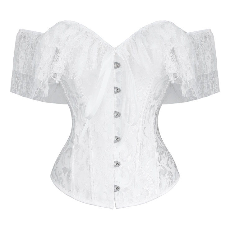 Victorian Gothic White Jacquard Off Shoulder Floral Lace Plastic Bone Overbust Corset N20250