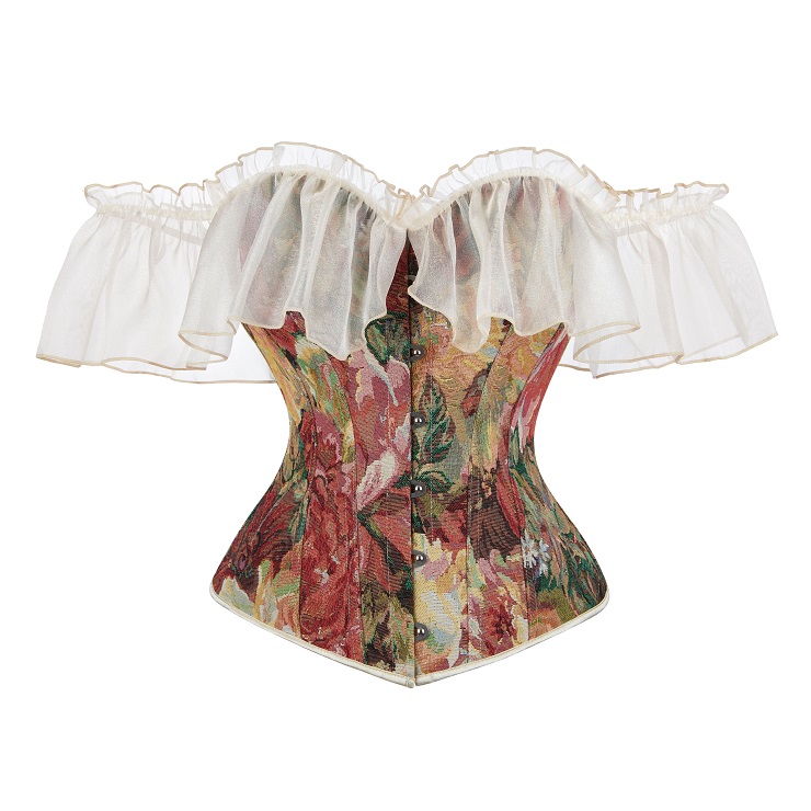 Heavy Plastic Boned Corset, Cheap Outerwear Corset, Retro Overbust Corset, Sexy Off Shoulder Corset, apricot Lace Jacquard Overbust Corset, Victorian Gothic Waist Cincher, #N23924