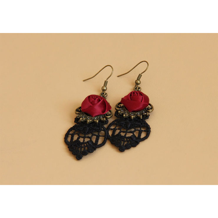 Victorian Gothic Bronze Metal with Red Rose Embellished and Black Lace Earrings J18413