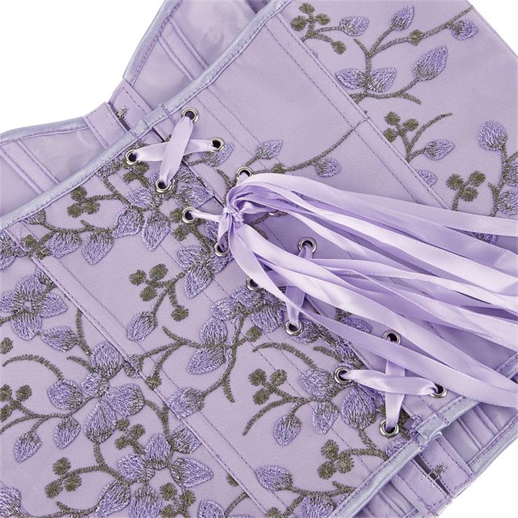 Women's Purple Vintage Printed Lace-up 14 Plastic Boned Overbust Corset N23407