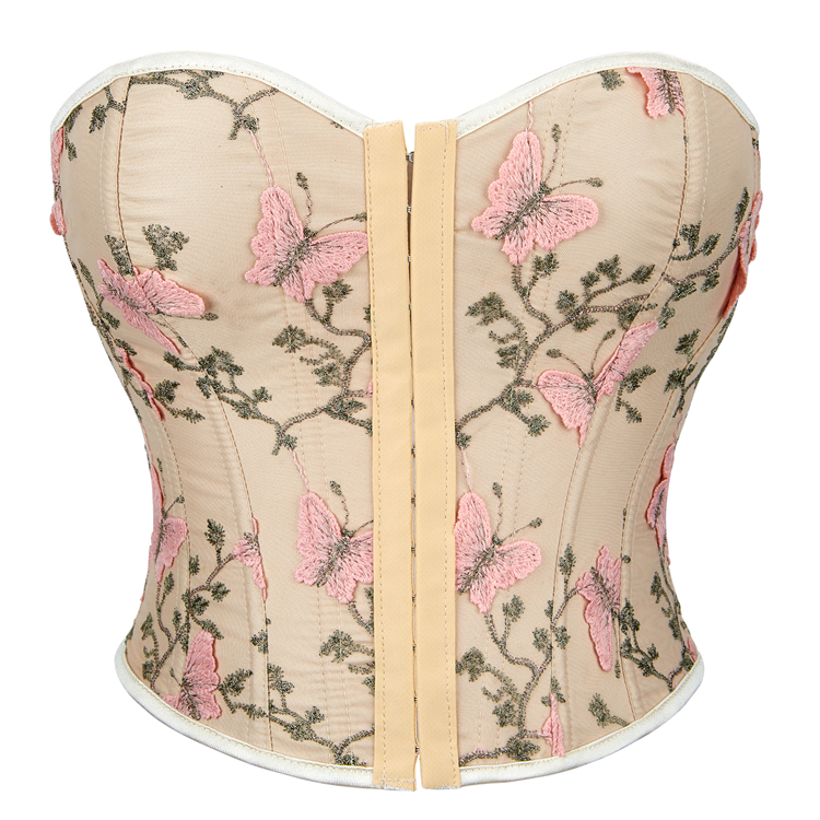 Women's Butterfly Embroidery Strapless Corset Tummy Control Lace Up Push Up Body Shaper N23476