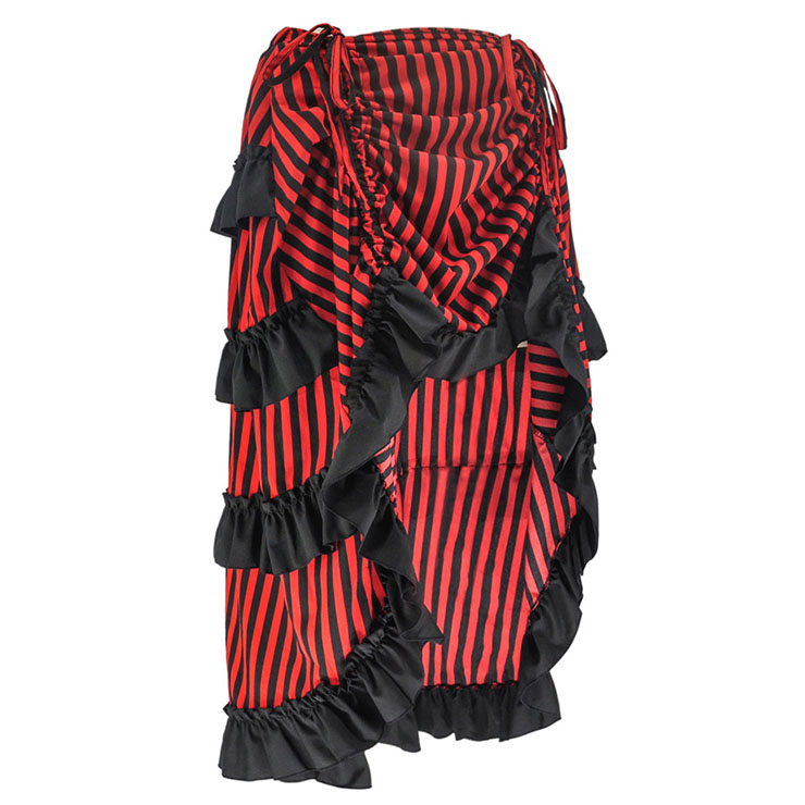 Victorian Steampunk Gothic Black and Red Stripes Irregular High-low Ruffle Skirt N18677