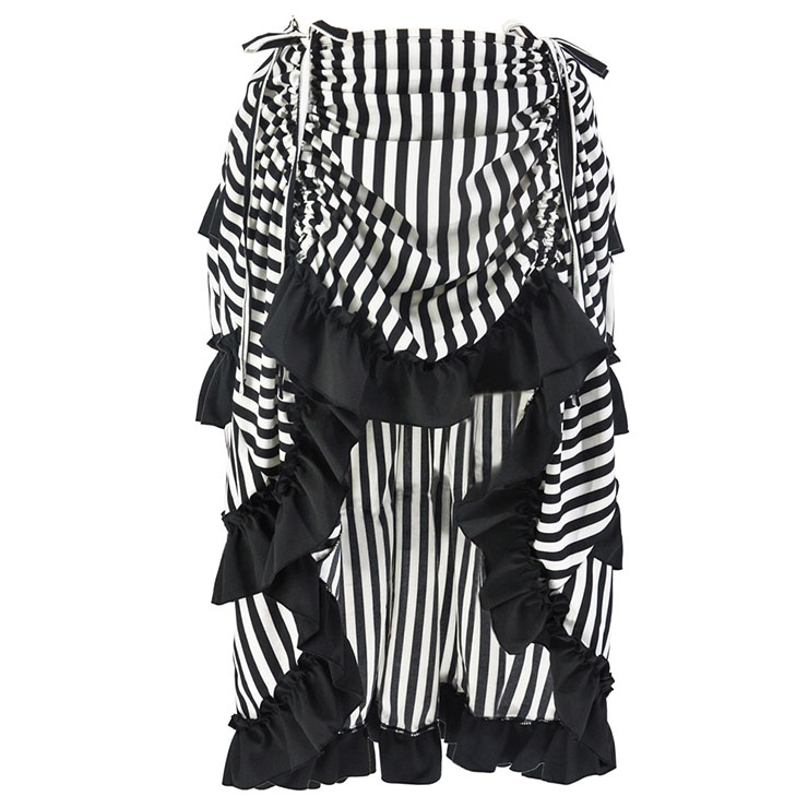 Victorian Steampunk Gothic Black and White Stripes Irregular High-low Ruffle Skirt N18678