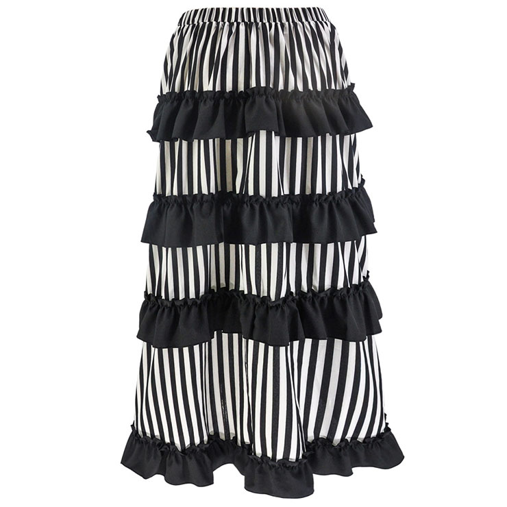 Victorian Steampunk Gothic Black and White Stripes Irregular High-low Ruffle Skirt N18678