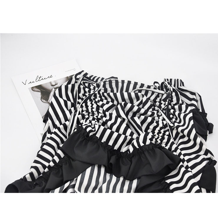 Victorian Steampunk Gothic Black and White Stripes Irregular High-low Ruffle Skirt N18678