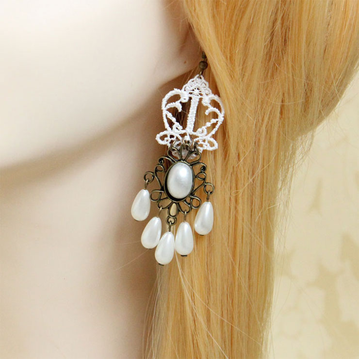 Victorian Style White Floral Lace Bronze Metal with Gem and Beads Drop Earrings J18412