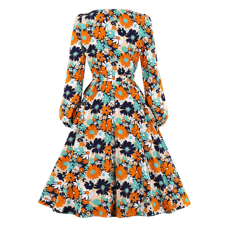 Vintage Round Neck Long Sleeve High Waist Lacing Daisy Print Autumn Swing Dress N20773
