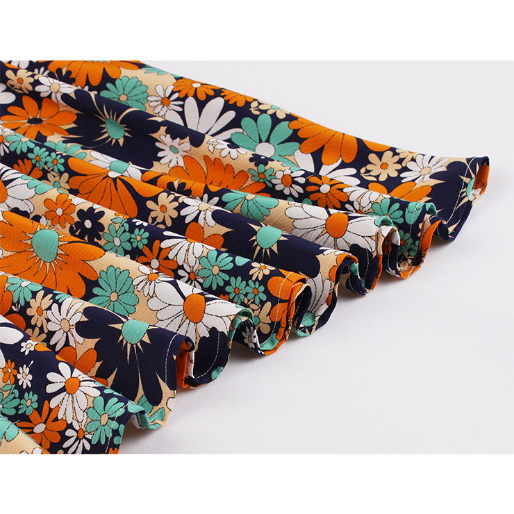 Vintage Round Neck Long Sleeve High Waist Lacing Daisy Print Autumn Swing Dress N20773