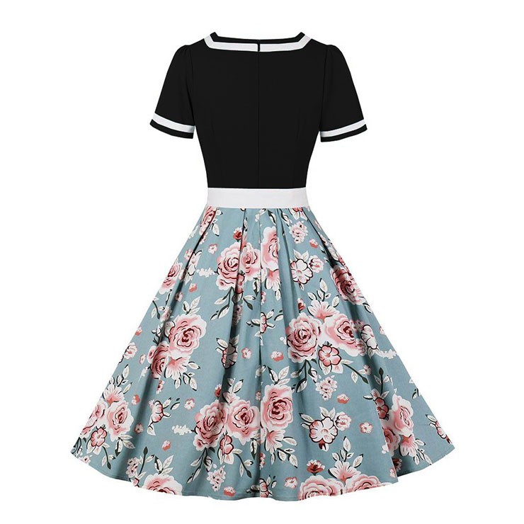 Vintage Black Bodice Floral Print Skirt Spliced High Waist Belted Cocktail Party Midi Dress N21578