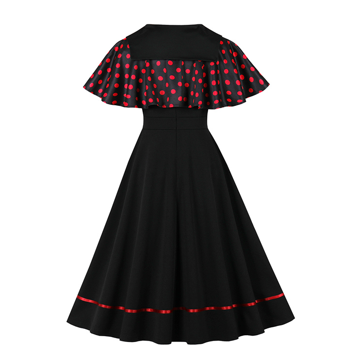 Vintage 2 - Piece Polka Dot & Black Dress Set (Peter Pan Collar Cape + Sleeveless A - line Dress) N23931