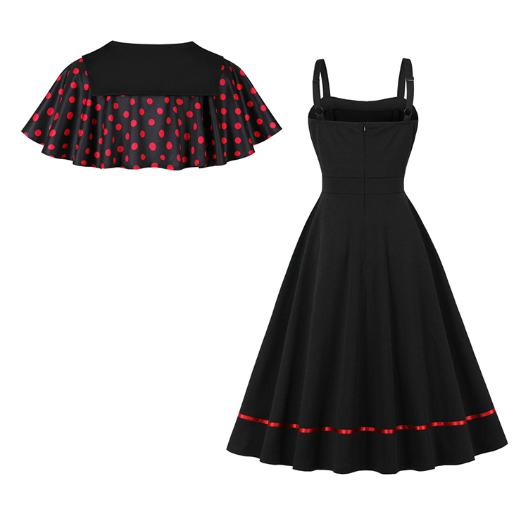 Vintage 2 - Piece Polka Dot & Black Dress Set (Peter Pan Collar Cape + Sleeveless A - line Dress) N23931