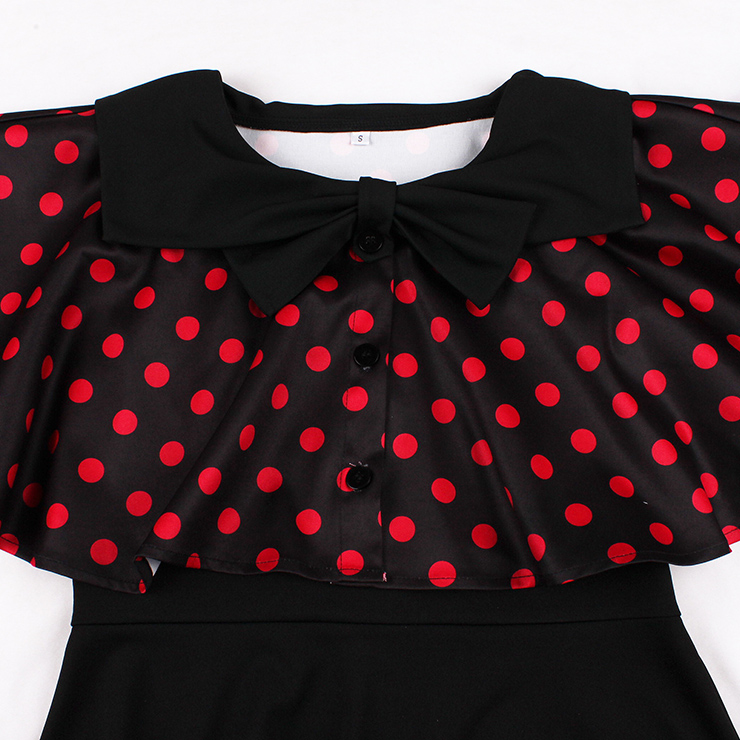 Vintage 2 - Piece Polka Dot & Black Dress Set (Peter Pan Collar Cape + Sleeveless A - line Dress) N23931