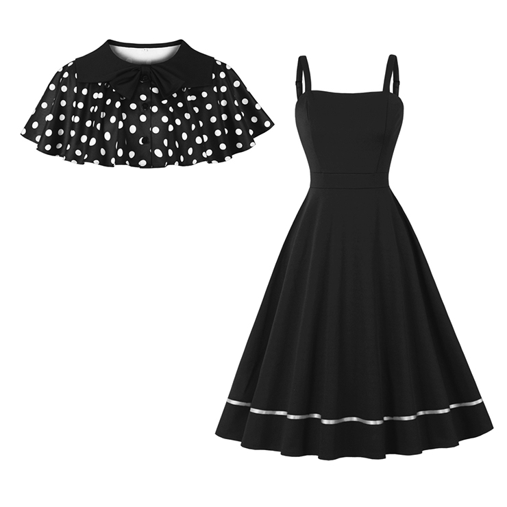 Vintage 2 - Piece Polka Dot & Black Dress Set (Peter Pan Collar Cape + Sleeveless A - line Dress) N23934