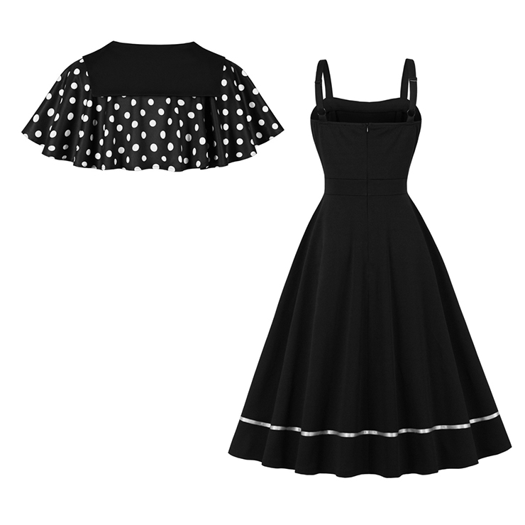 Vintage 2 - Piece Polka Dot & Black Dress Set (Peter Pan Collar Cape + Sleeveless A - line Dress) N23934