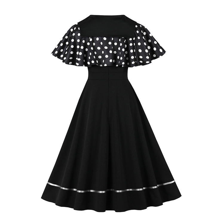 Vintage 2 - Piece Polka Dot & Black Dress Set (Peter Pan Collar Cape + Sleeveless A - line Dress) N23934