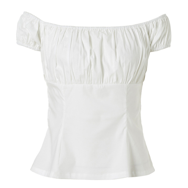 Women's Vintage Black Jacquard Weave Underbust Corset with White Off Shoulder T-shirt N12981