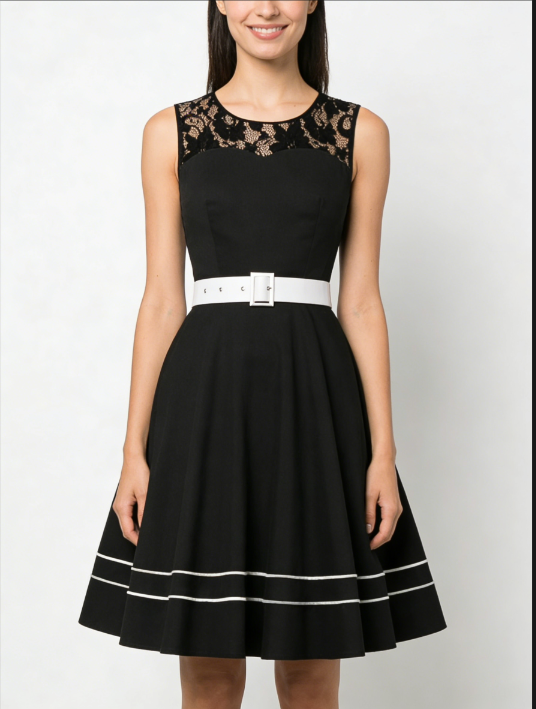 Vintage Black A-Line Dress with Lace Collar and Wide White Belt N23828