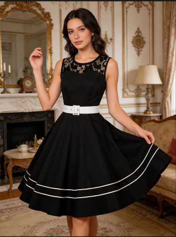 Vintage Black A-Line Dress with Lace Collar and Wide White Belt N23828