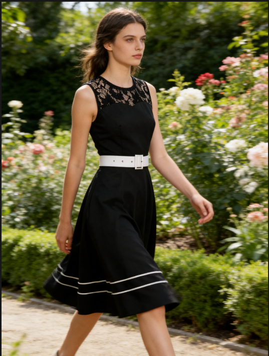 Vintage Black A-Line Dress with Lace Collar and Wide White Belt N23828