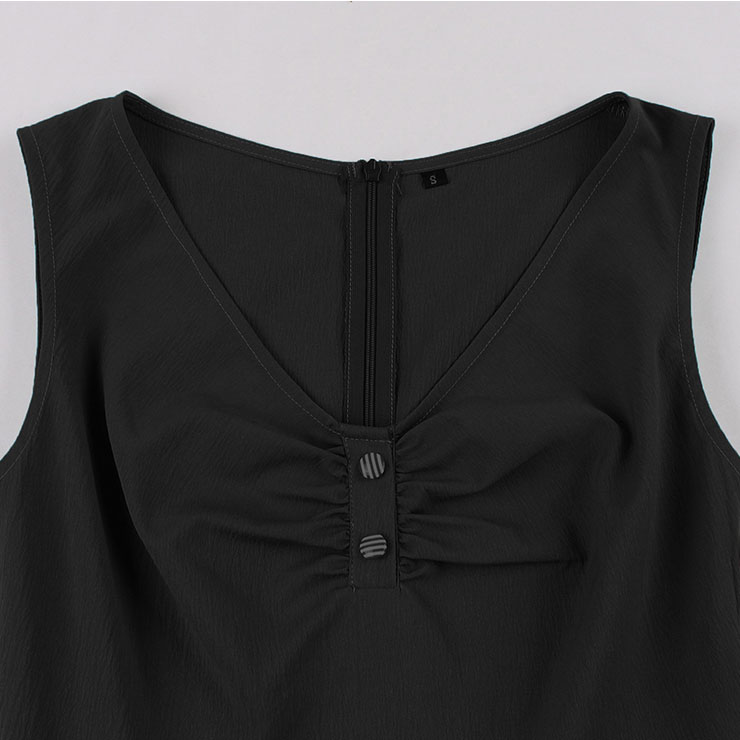 Vintage Black V Neck Sleeveless High Waist Wrinkle Summer Party Midi Dress N23032