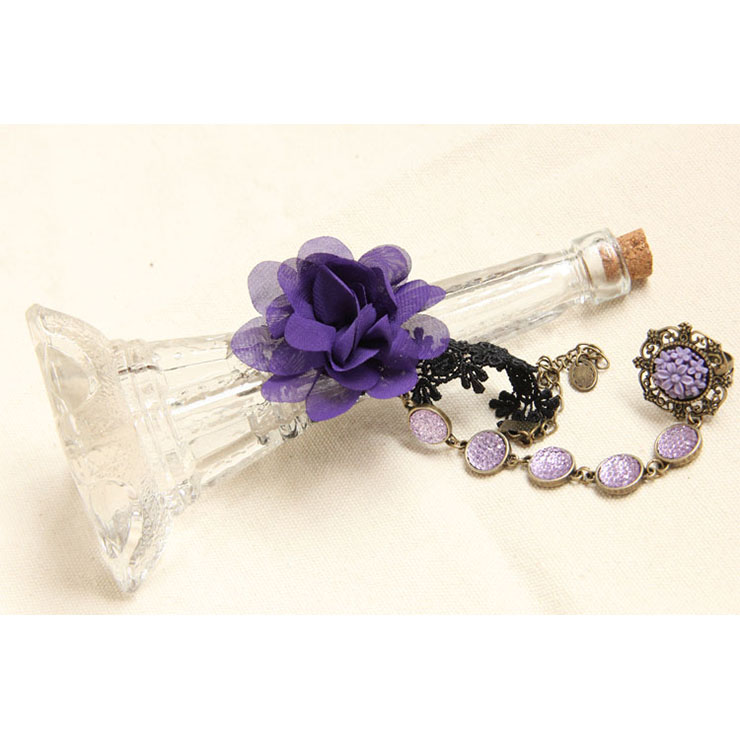Vintage Black Wristband Purple Gem Embellished Bracelet with Ring J18075
