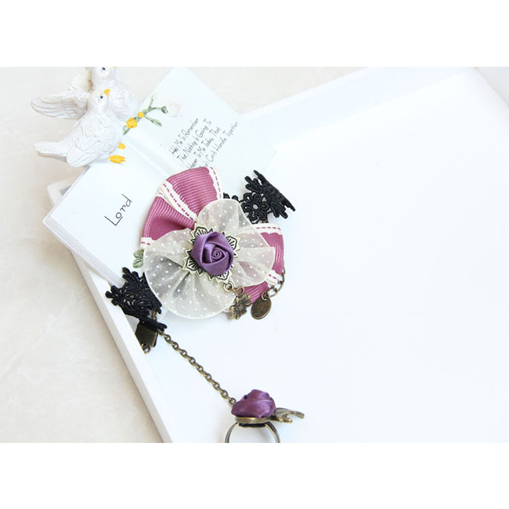 Vintage Black Wristband Purple Rose Bowknot  Embellished Bracelet with Ring J18083