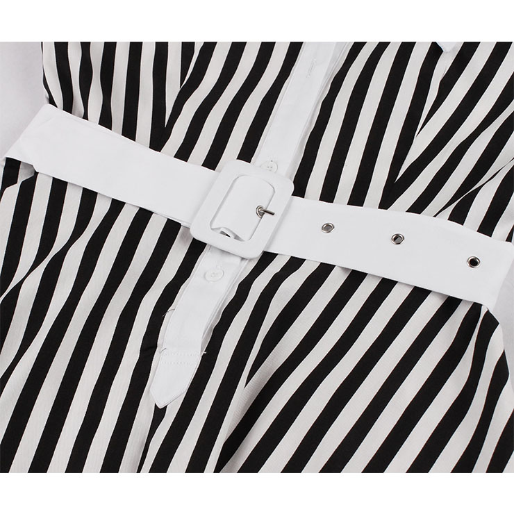 Vintage Black and White Striped Lapel Cap Sleeve High Waist Belted Cocktail Daily Midi Dress N21576