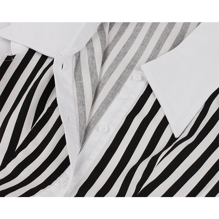 Vintage Black and White Striped Lapel Cap Sleeve High Waist Belted Cocktail Daily Midi Dress N21576