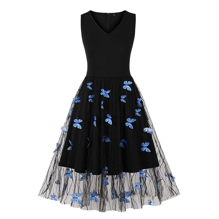 Vintage V Neck Blue Butterfly Sleeveless High Waist Summer Party Midi Dress N22838