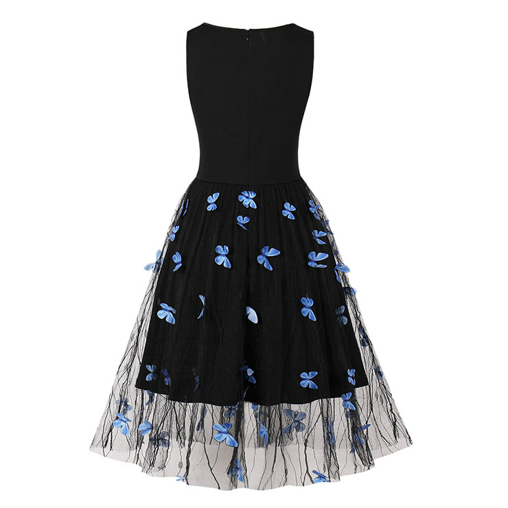 Vintage V Neck Blue Butterfly Sleeveless High Waist Summer Party Midi Dress N22838
