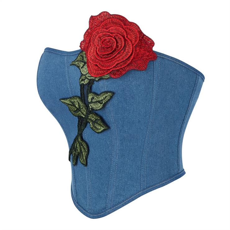 Women's Vintage Blue Denim Rosette Bandeau Corset N23637