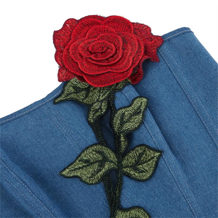 Women's Vintage Blue Denim Rosette Bandeau Corset N23637