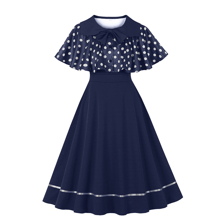 Vintage 2 - Piece Polka Dot & Navy Blue Dress Set (Peter Pan Collar Cape + Sleeveless A - line Dress) N23933