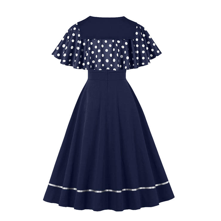 Vintage 2 - Piece Polka Dot & Navy Blue Dress Set (Peter Pan Collar Cape + Sleeveless A - line Dress) N23933