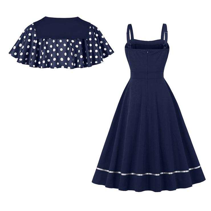 Vintage 2 - Piece Polka Dot & Navy Blue Dress Set (Peter Pan Collar Cape + Sleeveless A - line Dress) N23933