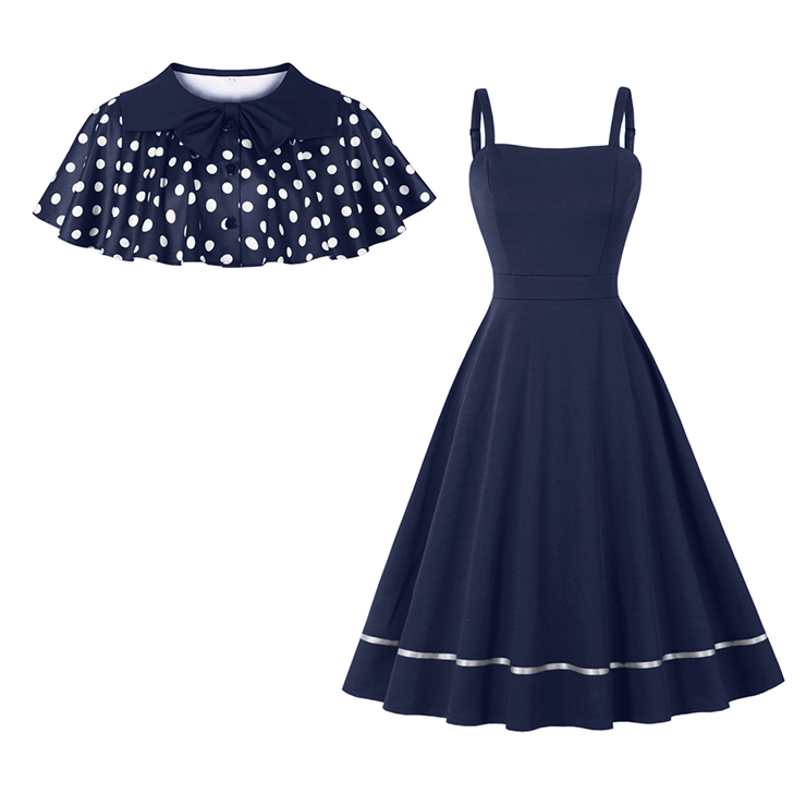 Vintage 2 - Piece Polka Dot & Navy Blue Dress Set (Peter Pan Collar Cape + Sleeveless A - line Dress) N23933