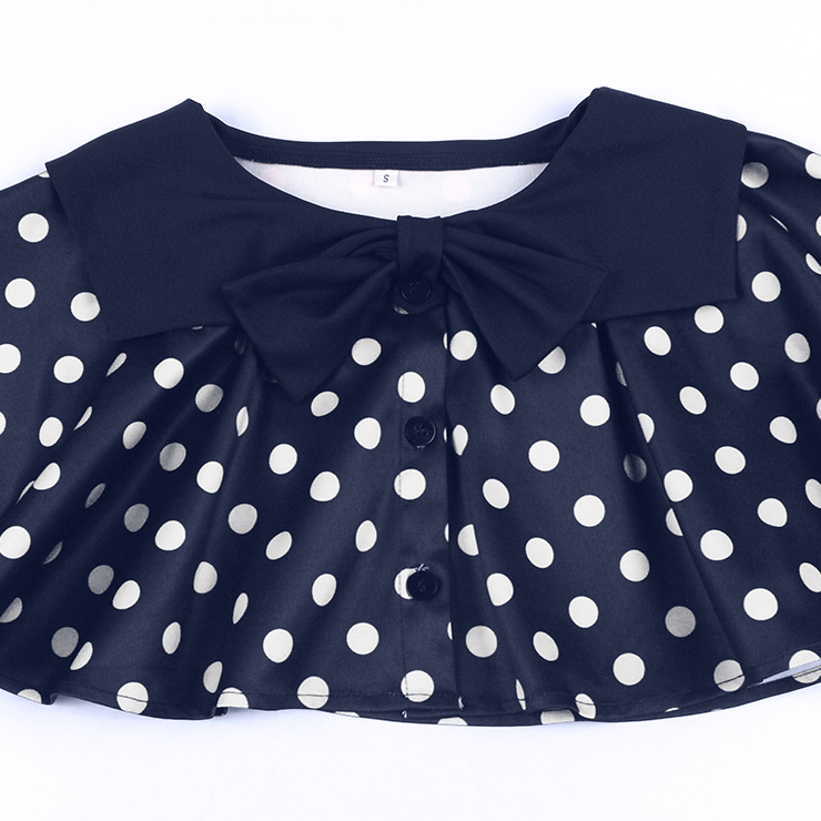 Vintage 2 - Piece Polka Dot & Navy Blue Dress Set (Peter Pan Collar Cape + Sleeveless A - line Dress) N23933