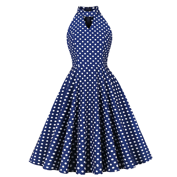 vintage dress, blue polka dot dress, halter swing dress, 1950s retro dress, pin - up dress, keyhole neck dress, flared skirt dress, summer dress, cocktail dress, rockabilly dress, feminine dress, classic polka dot, halter neck dress, vintage inspired, party dress #N23936