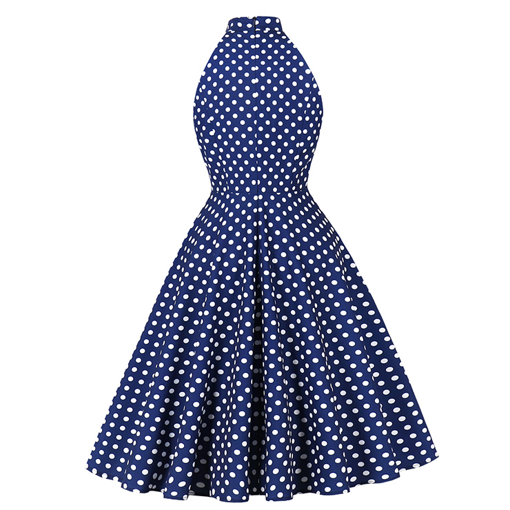 Vintage Blue Polka Dot Halter Swing Dress 1950s Style N23936