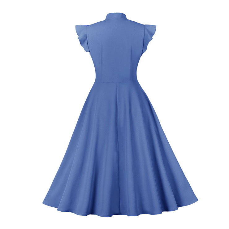 Vintage Blue Turndown Collar Cap Sleeves High Waist Cocktail Party Swing Dress N22741