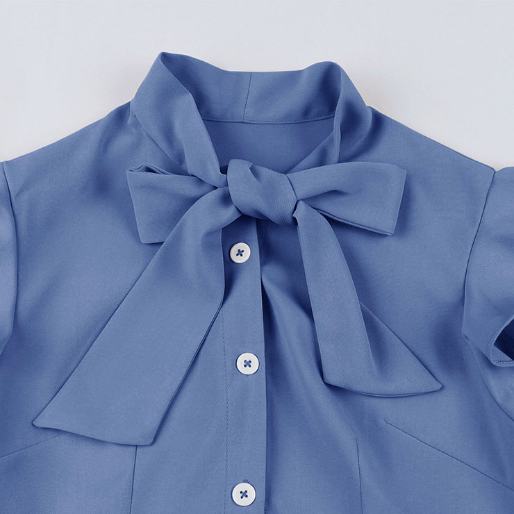 Vintage Blue Turndown Collar Cap Sleeves High Waist Cocktail Party Swing Dress N22741