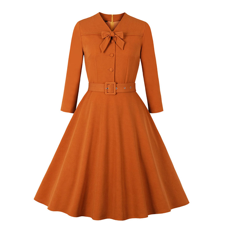 Vintage Bowknot Neckline Button Bodice Long Sleeves High Waist Belted Fall/Winter Midi Dress N21500