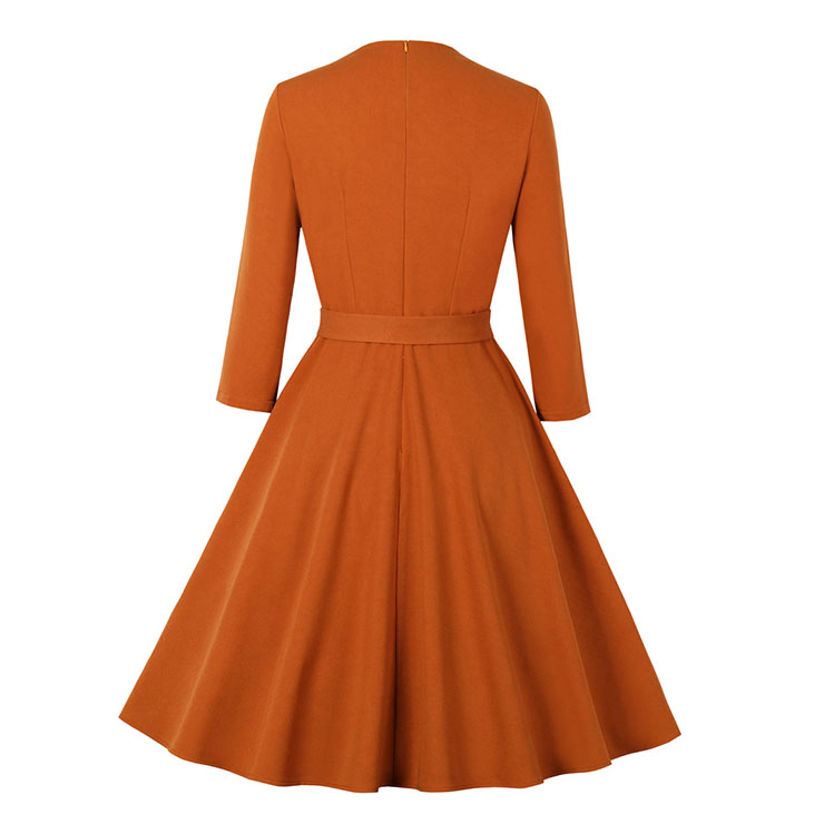 Vintage Bowknot Neckline Button Bodice Long Sleeves High Waist Belted Fall/Winter Midi Dress N21500