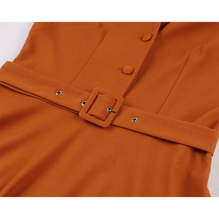 Vintage Bowknot Neckline Button Bodice Long Sleeves High Waist Belted Fall/Winter Midi Dress N21500