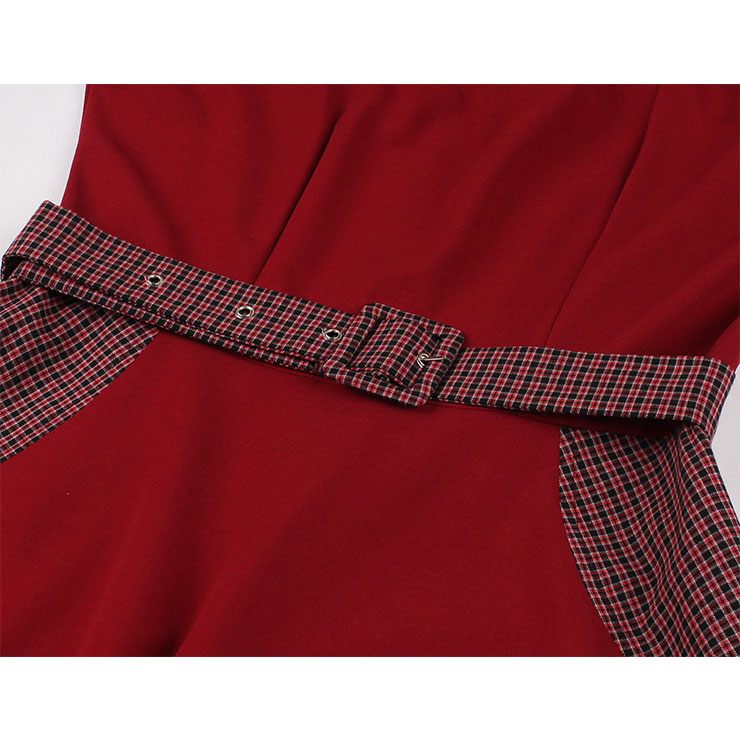 1950's Vintage Checkered Bowknot Neckline Short Sleeves High Waist Belted Cocktail Midi Dress N21495