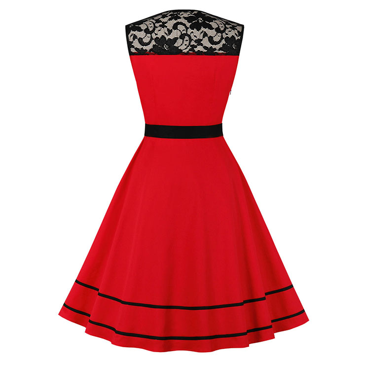 1950's Vintage See-through Lace Patchwork Sleeveless High Waist Belted Cocktail Midi Dress N21496
