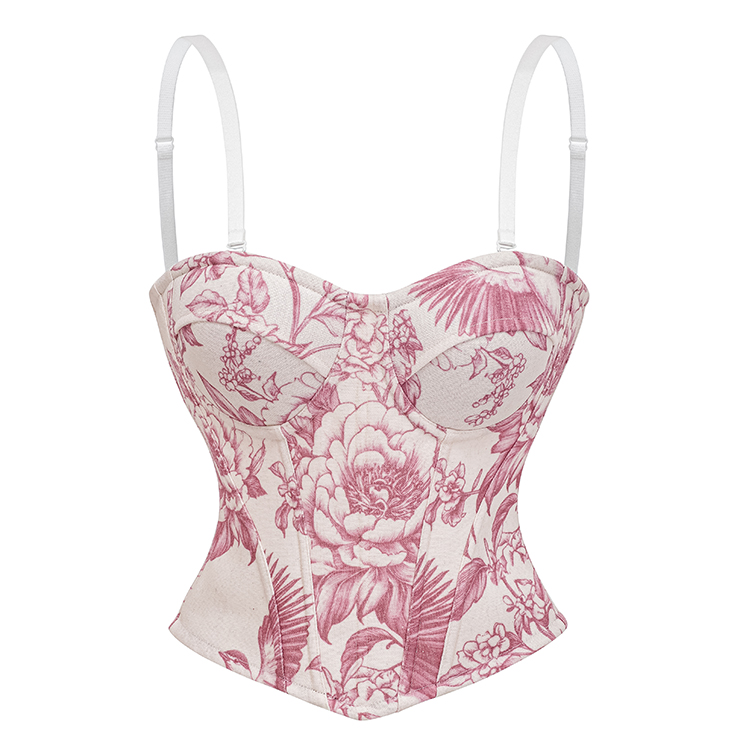 Vintage Floral Print Corset Top – Victorian Style Satin Bustier with Adjustable Straps N23910