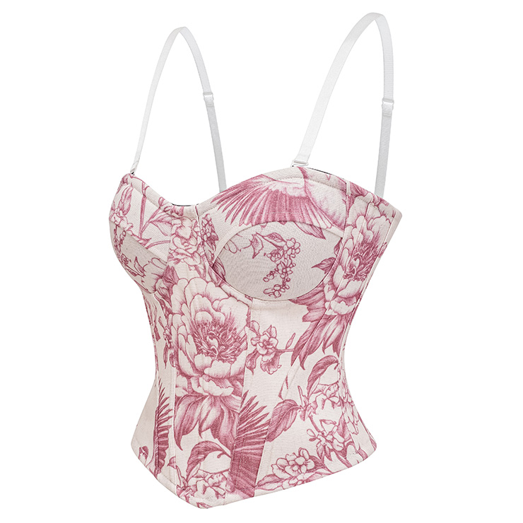 Vintage Floral Print Corset Top – Victorian Style Satin Bustier with Adjustable Straps N23910